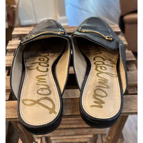 SAM EDELMAN LOUNETTE Size 6.5M Black Leather Mules Toe Gold Horsebit Flats Shoes - Picture 5 of 9